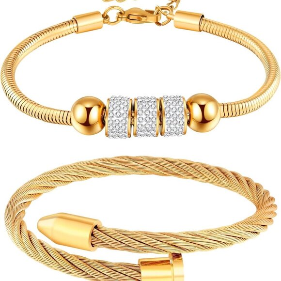 18K Gold Nail Bracelet Set, Adjustable Stackable Bangles for Women, Trendy Jewel - Picture 1 of 6